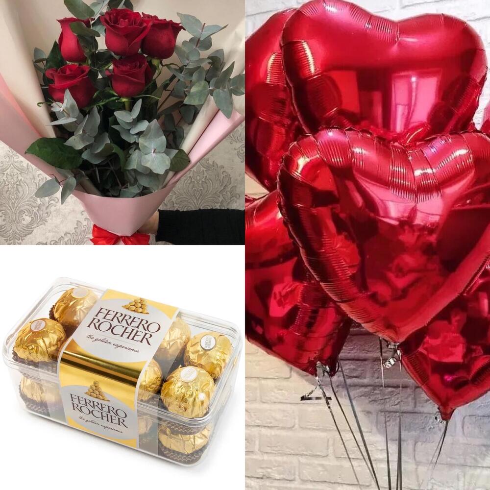Набор Фереро , шары  сердца и букет роз